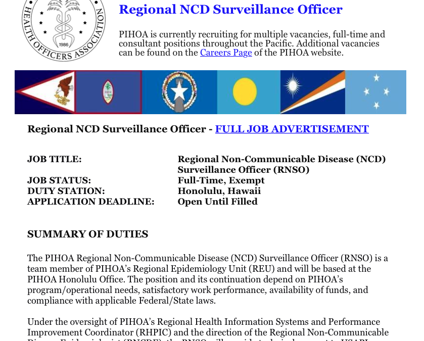 PIHOA E-Blast: Vacancy – Regional NCD Surveillance Officer
