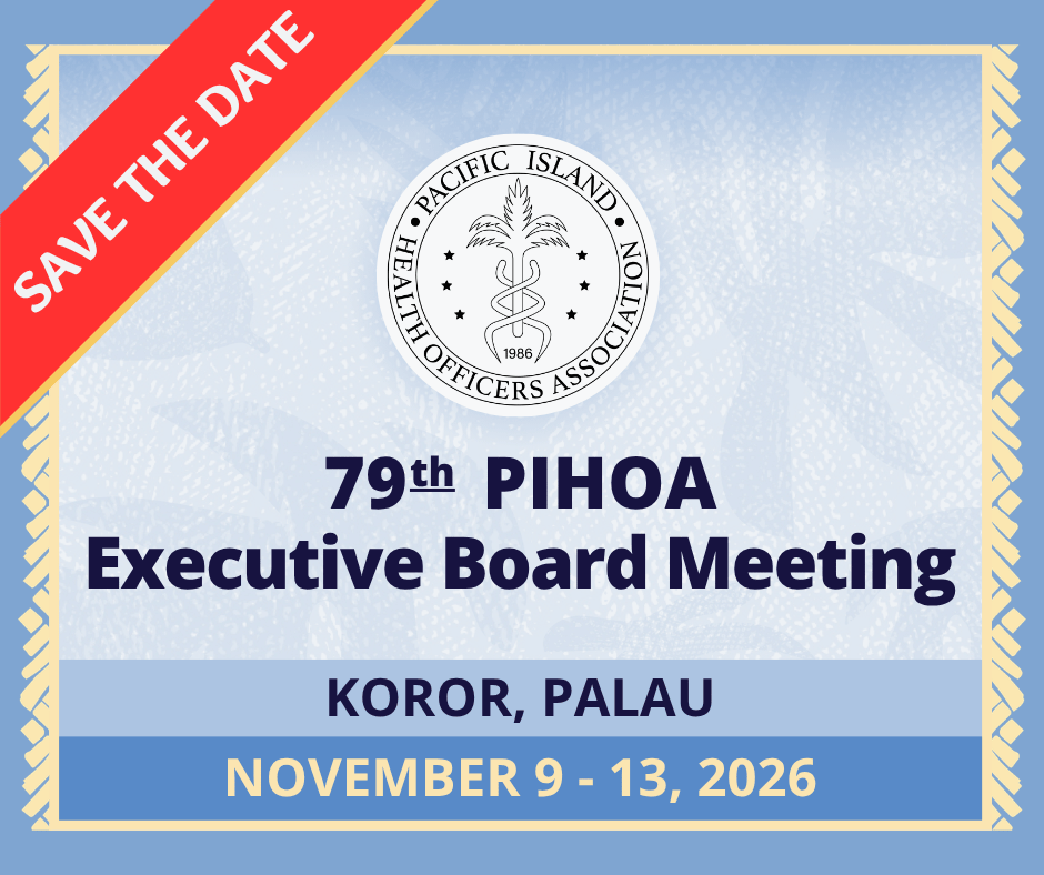 79thEBM-SD Graphic announcement for the 79th PIHOA Executive Board Meeting to be held in Koror, Palau, from November 9 to 13, 2026. The image includes the official PIHOA logo in the top center, which features a central image of a palm tree surrounded by a circle with the text "PACIFIC ISLAND HEALTH OFFICERS ASSOCIATION" and the year "1986". The graphic is framed by a light blue and yellow decorative pattern against a mottled light blue background with a white feather overlay.